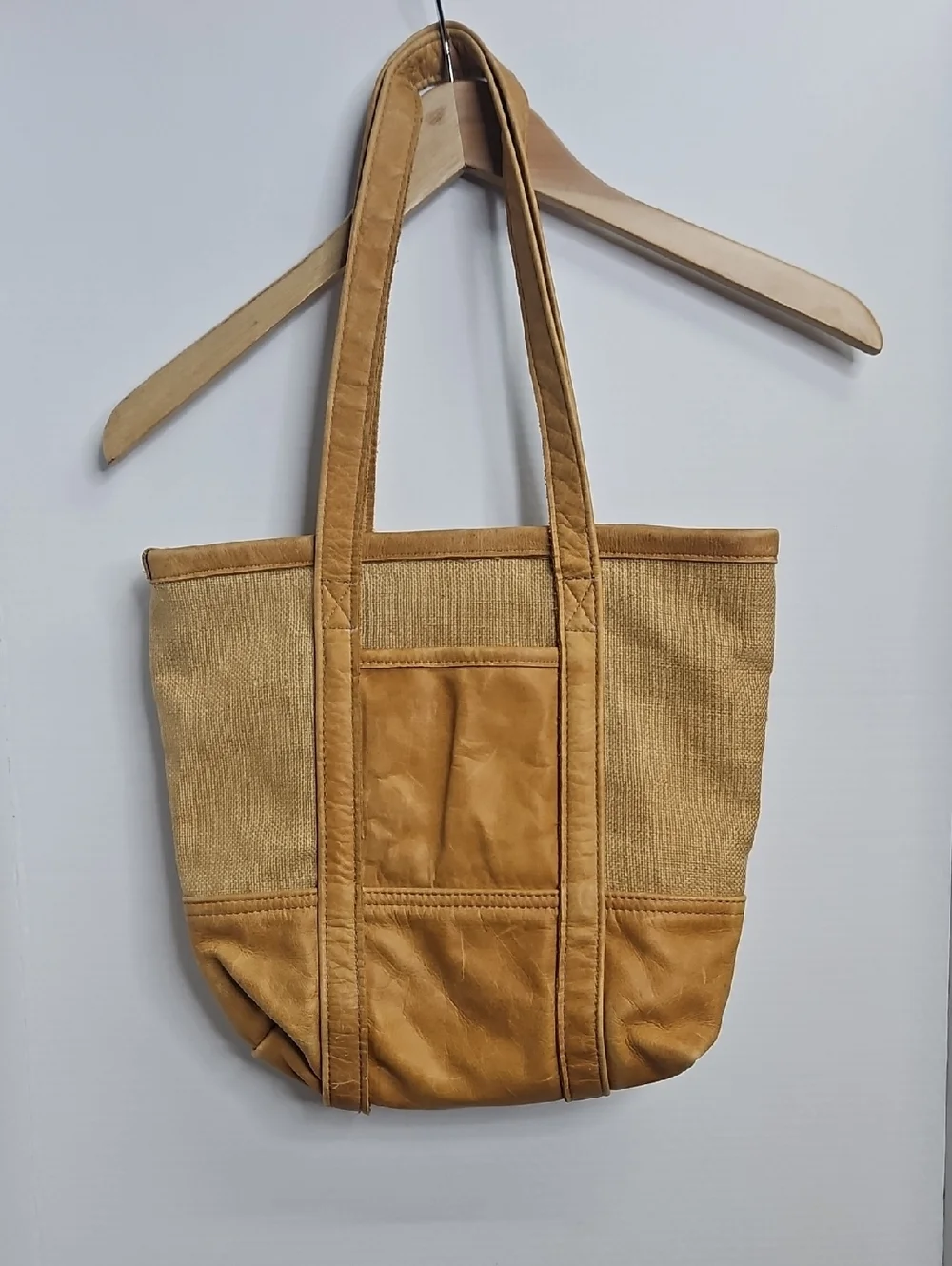 Canoe Handmade Tan Leather Hair Burlap Tote Shoulder Bag 13